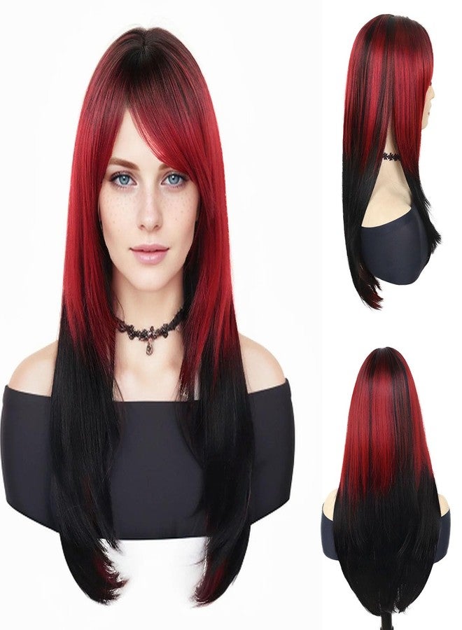 GNIMEGIL Two Tone Red and Black Wigs for Women 26 inch Long Straight Synthetic Wig Drag Queen Roleplay Cosplay Goth Wig Halloween Costume Party - Image 1